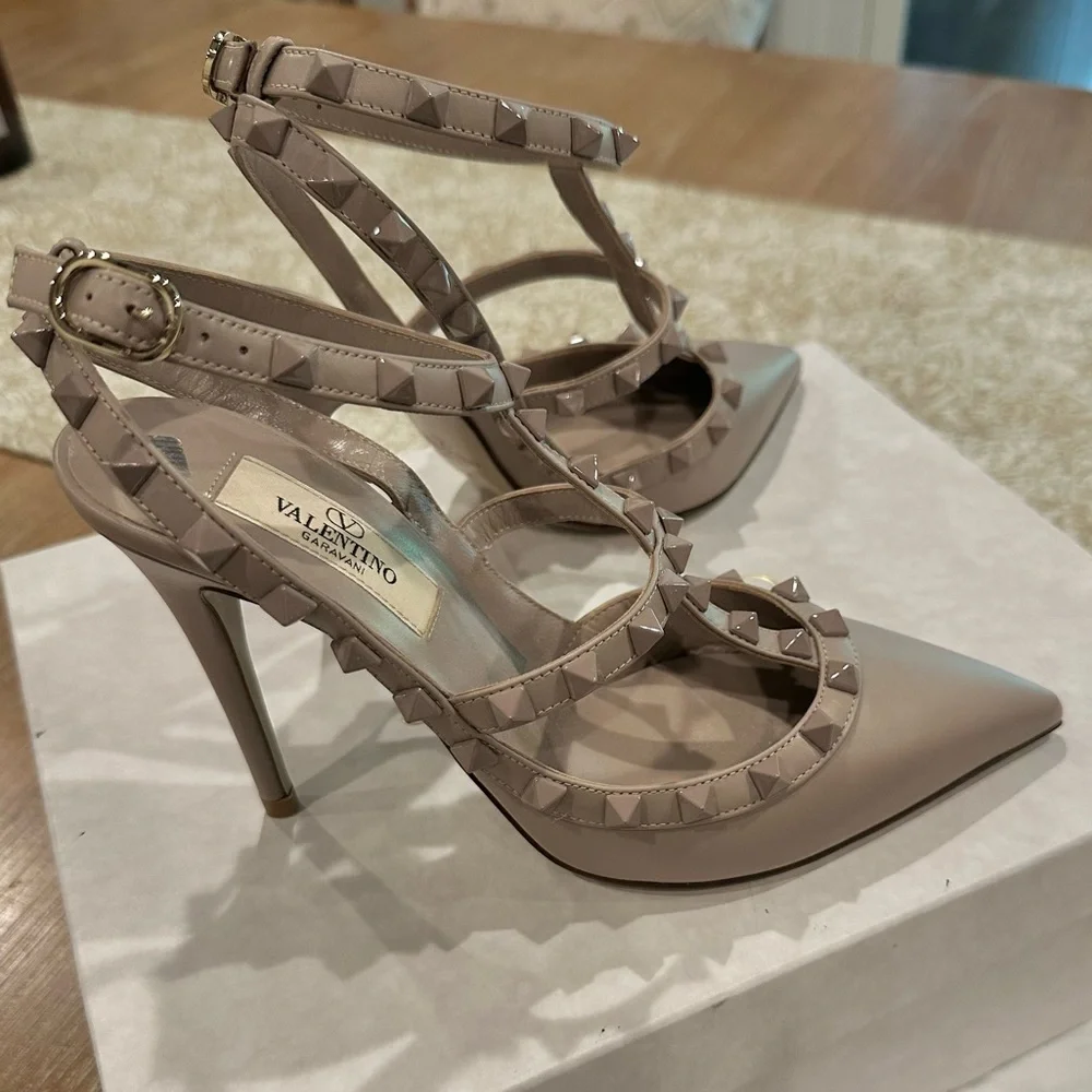 Valentino Rockstud Pointed Toe T-Strap Heels in Nude